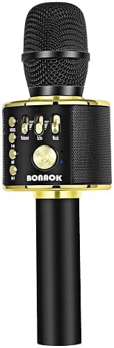 BONAOK Wireless Bluetooth Karaoke Microphone, 3-in-1 Portable Handheld Mic Speaker Machine for All Smartphones, Gifts to Girls Boys Kids Adults All Age Q37(Black Gold) - Image 1