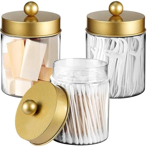Komashr 3PC Farmhouse Decor Qtip Holder Apothecary Jars Bathroom Vanity Storage Organizer -Countertop Canister Container &Cute Stickers for Cotton Swab,Ball,Pad,Floss,Paper Clips (Gold,Plastic) - Image 1