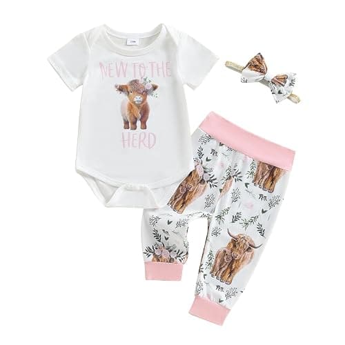 Lenjindjer Western Baby Girl Summer Outfit New to The Herd Short Sleeve Romper Highland Cow Pants 3Pcs Coming Home Outfit - Image 1
