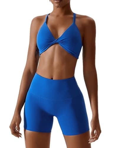 ABOCIW Workout Sets for Women 2 Piece Twist Front Halter Sports Bras High Waist Booty Shorts Exercise Gym Yoga Outfit - Blue - Small - Image 1