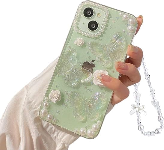 Fycyko Compatible for iPhone 15 3D Butterfly Floral Clear with Design Aesthetic Women Teen Girls Glitter Pretty Crystal Sparkle Sparkly Cute Girly Phone Cases Protective Cover+Pearl Chain-Clear - Image 1
