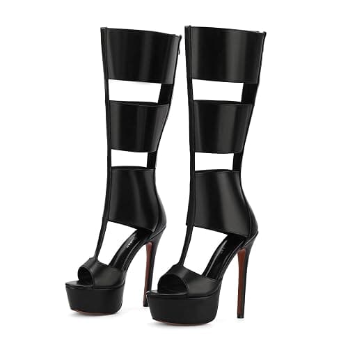 FancyQueen Platform Knee High Heels for Women, Gladiator Open Toe Summer Boots Black Heels Sandal, Sexy Style Casual for Party - Image 1