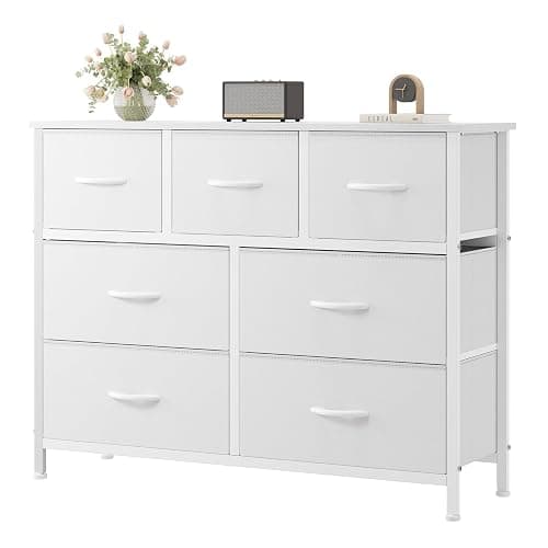 OLIXIS 7 Drawer Fabric Dresser, Storage Tower for Bedroom and Closet | White Easy-Pull Bins for Closet Organizers, Chest of Drawers with Sturdy Steel Frame & Wooden Top for Living Room, Entryway - Image 1