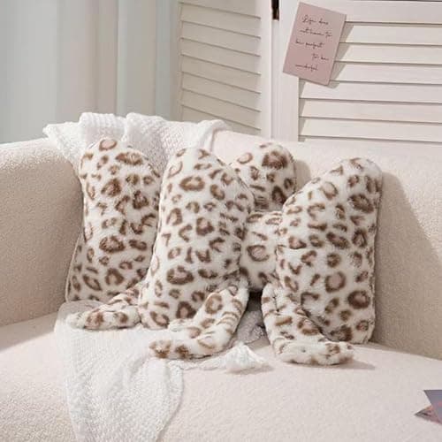 GKWW Leopard Print Throw Pillow Furry Bow Plush Pillows Cute Flower Plush Pillow Cheetah Home Decor Stuffed Bow Lumbar Pillow for Bed Couch Living Room Decor (White-A, 16in) - Image 1