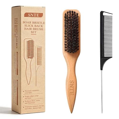 Peach Wood Boar Bristle Slick Back Hair Brush & Rat Tail Comb Set - Controls Frizz, Smooths Flyaways, Restores Shine - Creates Sleek Ponytails, Buns & Edge Control, Teasing for Women & Kids - Image 1