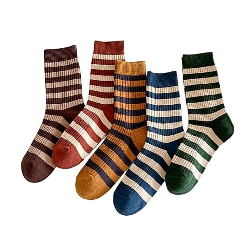 FORJMMP 5/10 Pairs Retro Style Colorful Striped Socks, Cute Athletic Crew socks for Women - 5-9 - 5 Pairs-set a - Image 1