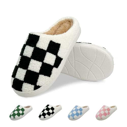 Rasonyet Women's Checkered Memory Foam Slippers - Soft Fuzzy Indoor & Outdoor Cute Casual Slippers - 9-10 Women/7-8 Men - Black - Image 1