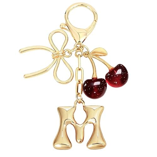 Snylcce Initial A Keychain with Bow & Cherry - Gold Letter Bag Charms for Women, Cute Purse Handbag Accessories - Image 1