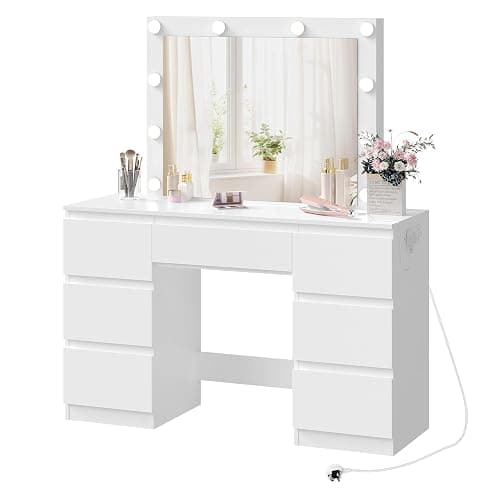 WOLTU Dressing Table with Lights and Socket Strip, Vanity Desk with Large LED Mirror and 7 Drawers, Makeup Desk 110x39.5x140cm, White Modern Bedroom Dresser, MB6124ws - Image 1
