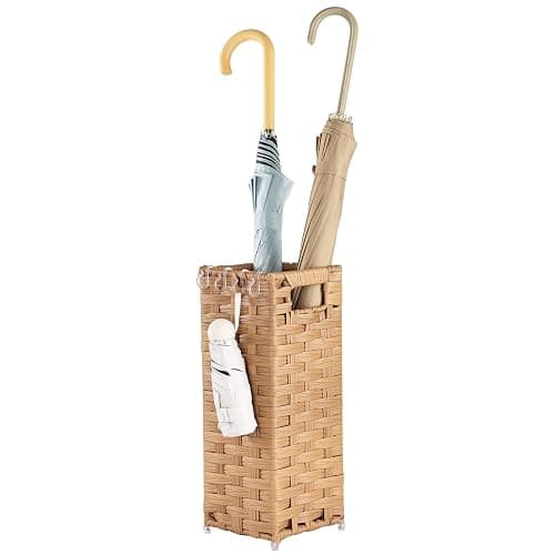 WAOHANAZ Rattan Umbrella Stand, Umbrella Holder for Entryway, Hand Woven Umbrella Rack Organizer Freestanding, with a Detachable Drip Tray, 4 Hooks, 6.5" L x 6.5" W x 16.5" H - 6.5"L x 6.5"W x 16.5"H - Image 1