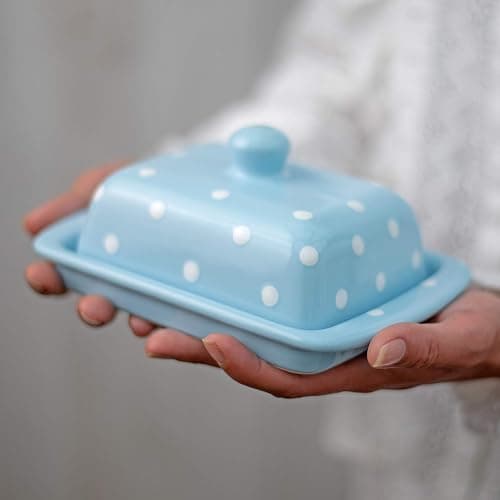 City to Cottage Large Butter Dish with Lid for Countertop, Ceramic Butter Keeper, Butter Container with Knob Handle, Butter Holder Tray with Cover, Handcrafted Sky, Baby Blue Polka Dot Butter Dish - Image 1