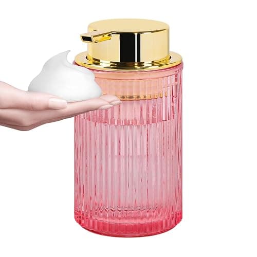 Tonxus Foaming Soap Dispenser, 12 Oz Thick Glass Foam Hand Soap Dispenser, Refillable Glass Foam Pump Bottle Container Decorative Slim Ribbed Bottle for Bathroom and Kitchen (1, Pink Gold) - Image 1