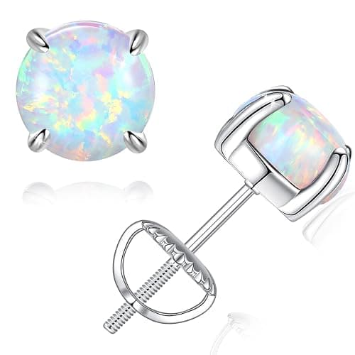 Hypoallergenic Earrings for Women: 925 Sterling Silver Rainbow Moonstone/Opal/Turquoise Screw Back Stud Earrings for Sensitive Ears Small Round Earrings Christmas Mother Day Jewelry Gifts (5mm/7mm) - Image 1