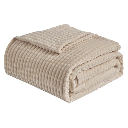 EMME Fleece Throw Blanket for Sofa, Soft, Fluffy, 3D Touch Experience, Warm Cozy Throw, Versatile Single Flannel Blanket for Bed, Couch, Sofa, Armchairs, OEKO-TEX (Beige, 130x150cm) - Image 1