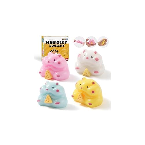4Pcs Taba Hamster Squishy Stress Relief Toys, Cute Kawaii Animal Fidget Toys with Cheese Accessory, Handmade Sensory Squishies for Anxiety Relief, Kids & Adults, Classroom Prizes, Party Favors, Gifts - Image 1