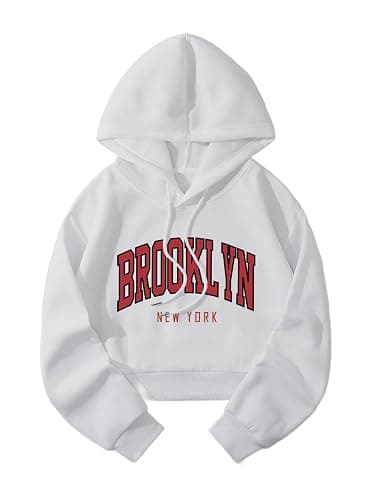 Hilinker Womens Graphic Long Sleeve Cropped Hoodies Drawstring Hooded Sweatshirt - Large - White Red Brooklyn - Image 1