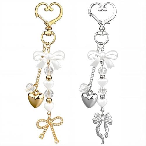 2pcs Bow Heart Beaded Keychain Accessories Cute Keychains for Women Kawaii Bowknot Pearl Bag Charms for Handbags Silver Gold Bows Hearts Key Chain for Car Keys Aesthetic Heart Key Ring Backpack Charms - Image 1