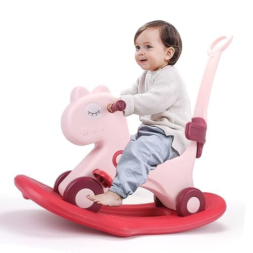 LLparty 4 in 1 Rocking Horse for Toddlers 1-3 Years Old, Baby Rocking Toy Fun Birthday Gift for 1+ Girls, Ride on Toy with Detachable Balance Board and Footrest, Balance Bike with Push Handle, Pink - Image 1