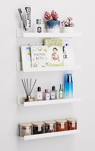 4 Pack Acrylic Shelves for Wall, 15 Inch White Adhesive Floating Shelf | Dual-Mount No Drill/Screw Waterproof Wall Shelf, Rustproof Storage Rack for Bathroom, Kitchen, Living Room, Bedroom - Image 1