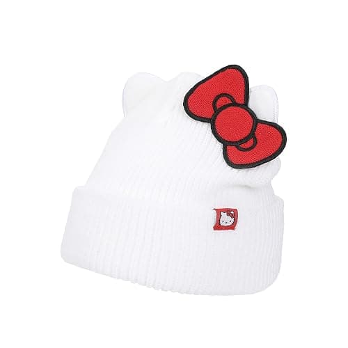 Hello Kitty Novelty Ear White Acrylic Beanie with Cut Fabric Bow with Embroidery and Red Woven Label Cuff Beanie - Image 1