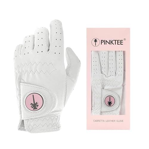 CROWNBLANKS PINKTEE Women's Golf Glove Left Hand Ladies Pink Cabretta Leather Golf Gloves with Removable Magnetic Ball Marker Full Finger - Pink - 18 - Image 1