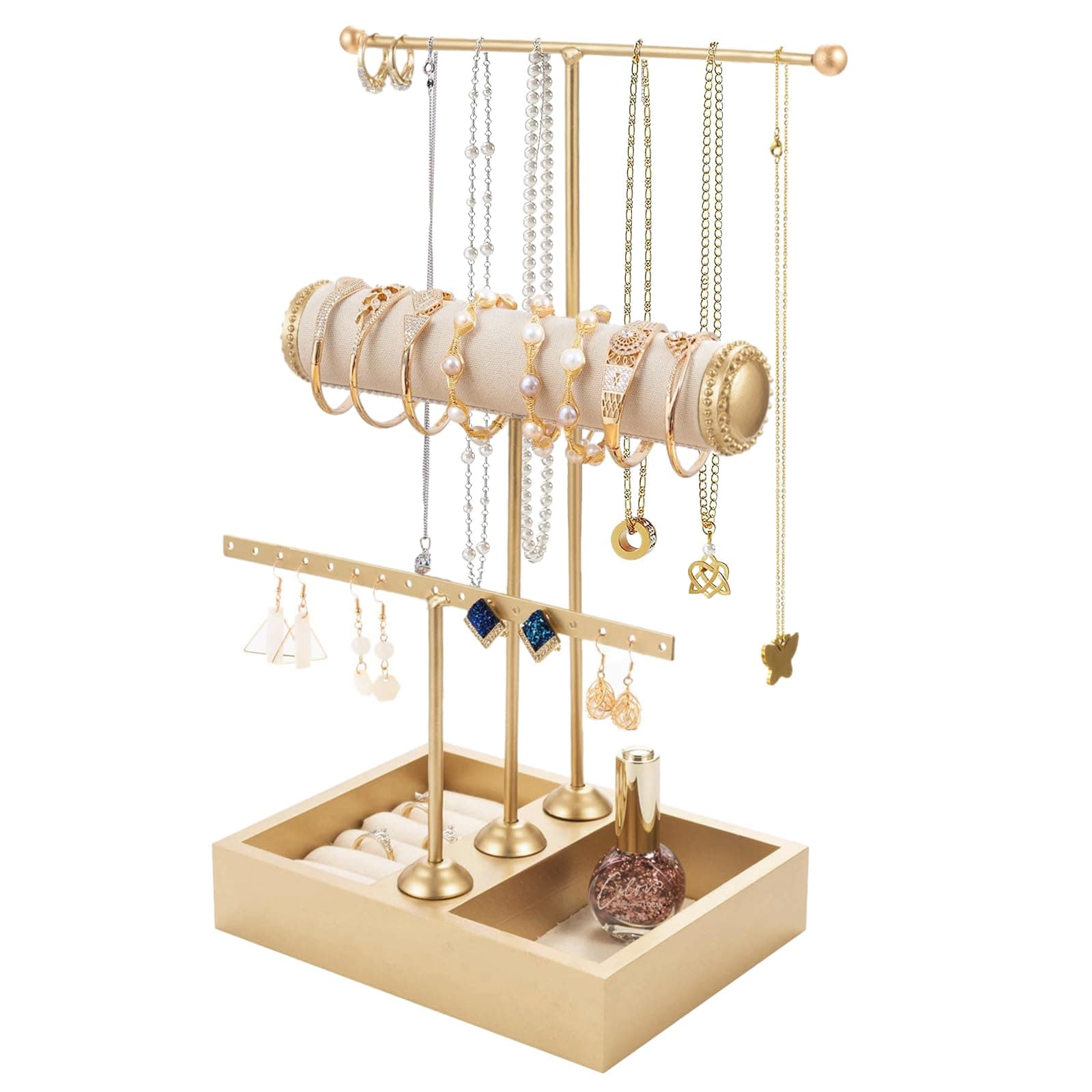 Organizador de Joyas de Metal, Estante de Joyas de 3 Niveles, Soporte para Joyas con en Forma de T para Arete, Pulseras, Relojes, Anillos, Collares, Oro - Image 1