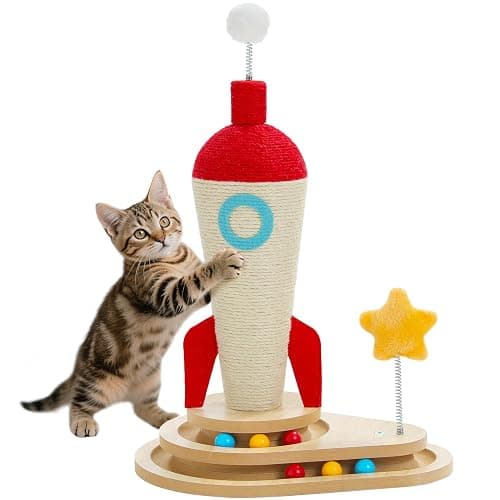 PETEPELA Cat Scratching Post, Rocket Sisal Cat Scratcher, 24.8'' Cute Scratching Post with 2-Layers Wooden Track Cat Toys & Spring Pompom for Indoor Cats Adults - Image 1