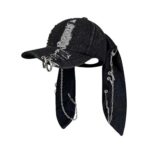 THESSNCE Y2k Hat Punk Hats Denim Bunny Hat Chains Distressed Baseball Cap Kpop Outfits Y2k Grunge Hats for Women - Image 1