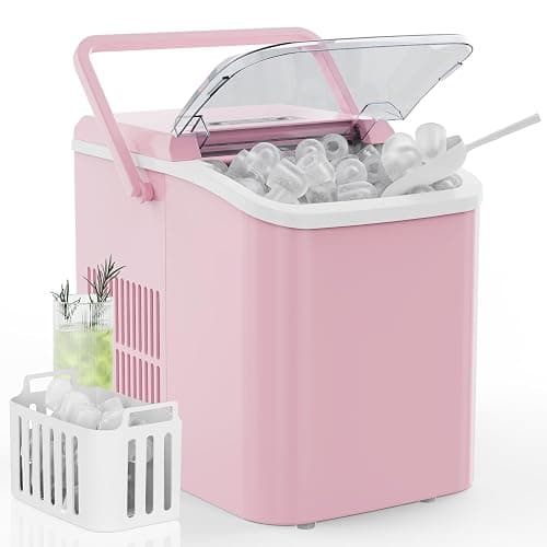 DUMOS Countertop Ice Maker with Handle, 26lbs/24H Portable Ice Machine, 9 Bullet Ice Cubes Ready in 6 Mins, Self-Cleaning, Quiet Compact Ice Maker for Home, Kitchen, RV, Camping, Pink - Image 1