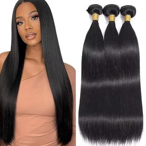 #1B Bundles Human Hair Straight Bundles Human Hair 12 14 16 Inch FuivJuix Unprocessed Brazilian Virgin Hair Natural Black Straight Bundle Human Hair Extensions 3 Bundle 150 Gram - Image 1