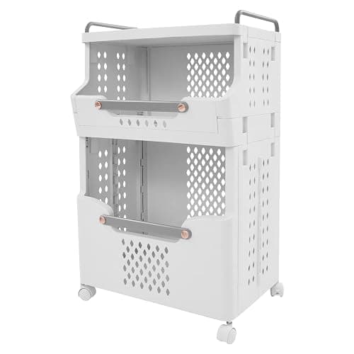 2-Tier Laundry Basket with Wheels, Stackable Storage Bins, Plastic Foldable Laundry Room Bathroom Storage Organizer - Image 1