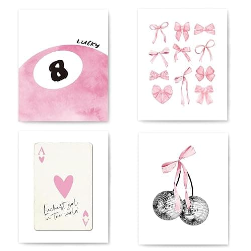 PSFXBM Set of 4 Pink Wall Art Pink Bow Posters Aesthetic Preppy Room Decor Coquette Room Decor Girls Room Decor Aesthetic Room Decor Trendy Wall Art for Girls Bedroom Living Room Unframed 8x10in - Image 1