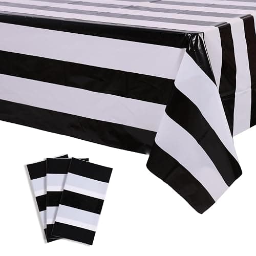 Kesfey 3 Packs Black and White Vertical Striped Tablecloth 54 x 108 Inch Geometric Black Stripe Table Cloths Disposable Plastic Stripe Table Covers Waterproof Picnic Tablecover for Camping Party - Image 1