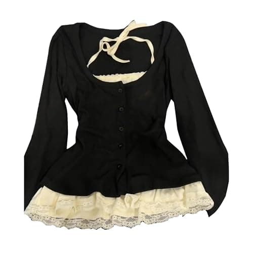 Fake 2 Piece Halter Lace Top Women Vintage Grunge 2000s Mcbling Tshirts 90s Long Sleeve Streetwear Y2k Shirts - Image 1
