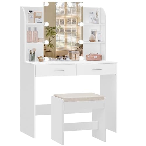 FIONESO Vanity Desk with Mirror & Lights, Makeup Vanity Table with 2 Large Drawers, 6 Storage Shelves & Stool, Bedroom Dressing Vanity Table with 3 Color Light Adjustable, White - Image 1