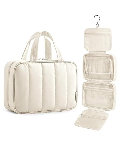 BAGSMART Travel Toiletry Bag for women, Portable Hanging Hook Makeup Bag Organizer, Waterproof Makeup Cosmetic Bag, for Full-Size Accessories, Toiletries, Beige - Image 1