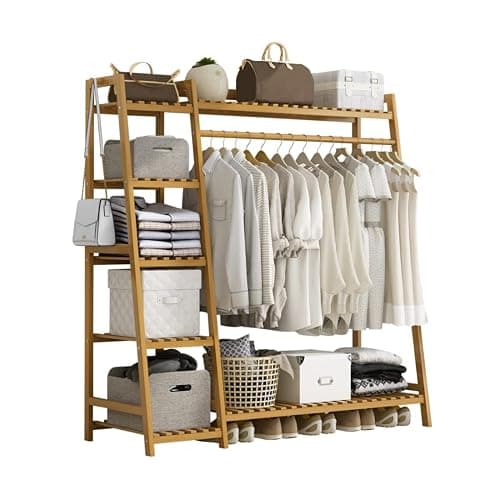 Clothing Rack Coat Clothes Hanging Heavy Duty Garment Rack with top Shelf and Shoes Clothing Storage Organizer Shelves (Upgrade Style) - Image 1
