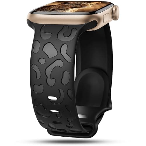 Leopard Engraved Watch Strap Compatible with Apple Watch Band 38mm 40mm 41mm 44mm 45mm 49mm Women, Cute Cheetah Silicone Sport Strap for iWatch Band Series 9 8 7 6 5 4 3 2 1 SE Ultra/Ultra 2 - 41mm/40mm/38mm - A-black - Image 1