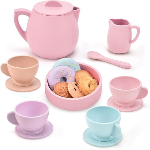 Lorfancy 20 Pcs Silicone Tea Party Set for Little Girls Kids Toddlers Tea Set with Tea Pot Cups Food Pretend Play Kitchen Accessories Christmas Birthday Gift for Girls Age 2 3 4 5 6 Year Old Toys - Image 1