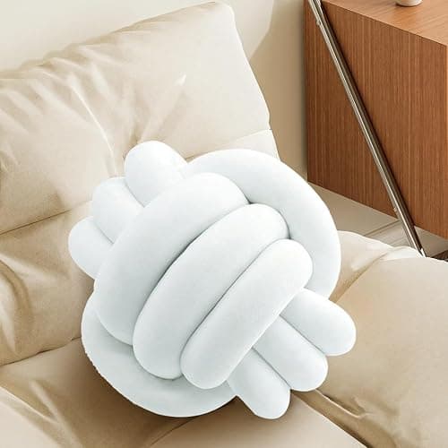 White Knot Pillow Ball, Fluffy Handmade Decorative Throw Pillow, Soft Round Knotted Cushion for Couch & Bedroom, Cute Home Decor Ball Pillow for Living Room (7.87 Inches) - Image 1