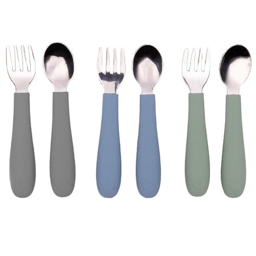 WeeSprout Toddler Utensils, 3 Forks & 3 Spoons, 18/8 Stainless Steel & Food Grade Silicone, Thick Easy-Grip Handles, Perfect Length For New Self Feeders, Gentle On Gums & Teeth, Dishwasher Safe - Toddler Utensils - Matte Dark Gray, Blue, Green - Image 1