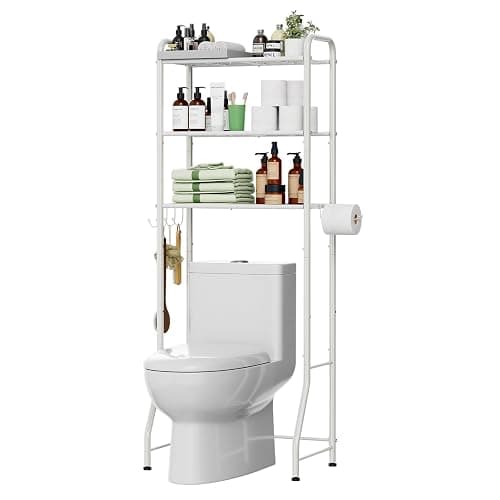 Simple Trending Over The Toilet Storage Rack, Metal 3 Tier Bathroom Organizer Shelf with Paper Holder and 3 Hooks, White - Image 1