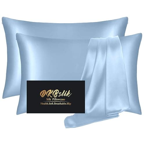 Silk Pillow Cases 2 Pack, Mulberry Silk Pillowcases Standard Set of 2, Health, Anti Acne,Beauty Sleep, Both Sides Natural Silk Satin Pillow Cases for Women 2 Pack with Zipper for Gift, Haze Blue - Image 1