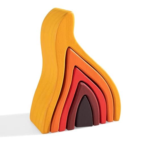 MERRYHEART Wooden Rainbow Stacking Toy, Fire Elements Wooden Stacker, Various Shapes Nesting Stacking Blocks, Waldorf & Montessori Open-Ended Education Toy for Kids/Toddlers - Image 1