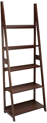 Amazon Basics Ladder Bookshelf Organizer, 5-Tier, Solid Rubberwood Frame, Walnut Finish, 14" D x 24.8" W x 70.1" H - Image 1