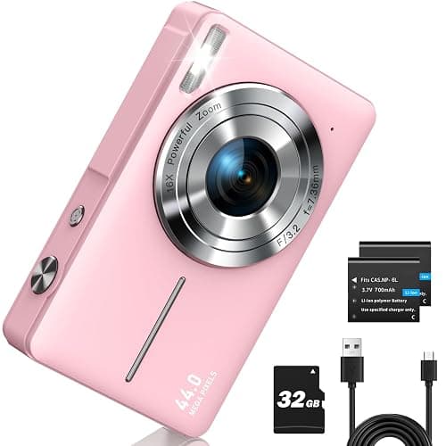 CAMKORY Digital Camera, Full HD 1080P Point and Shoot Camera 44MP Kids Camera with 32GB Card, 16X Zoom, Small Camera for Photography and Video,Pink - Image 1