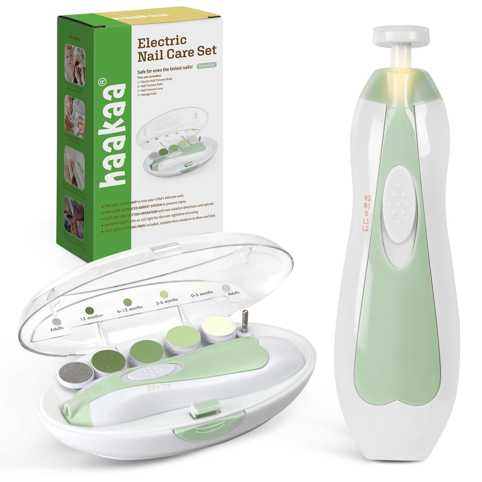 haakaa Baby Nail File Electric Baby Nail Care Set with LED Light, Baby Nail Clippers for Newborn/Infants/Adults Toes and Fingernails, 6 Replacement Heads & Storage Case, Green - Image 1