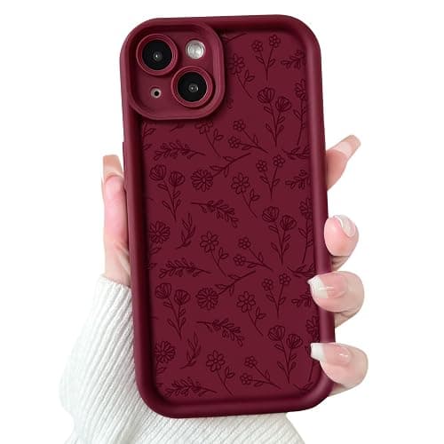 NITITOP Compatible with iPhone 14 Case Cute Flowers Floral Leaves Design for Women Girls Stylish Artistic Soft TPU Shockproof Protective Full Camera Protection Cover - Wine Red - Image 1