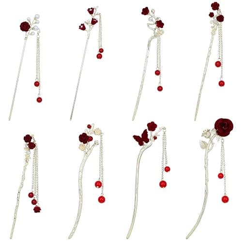 inSowni 8 Pieces Retro Vintage Asian Chinese Traditional Hanfu Gold Metal Rose Flower Butterfly Hair Pins with Bead Pendants Long Hair Sticks Forks Bun Updo Holders Hairpins for Women Girls - Image 1
