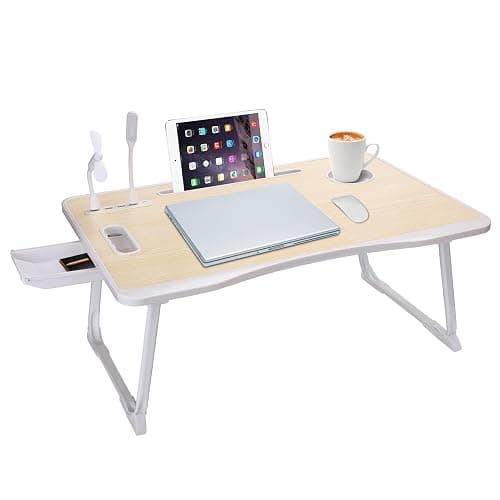 Laptop Bed Table, Laptop Desk for Bed, Foldable Laptop Bed Desk with USB Charge Port, Handle, Desktop Card Slot, Cup Slot, Side Drawer, Portable Laptop Table for Bed Eating Reading Working - Image 1